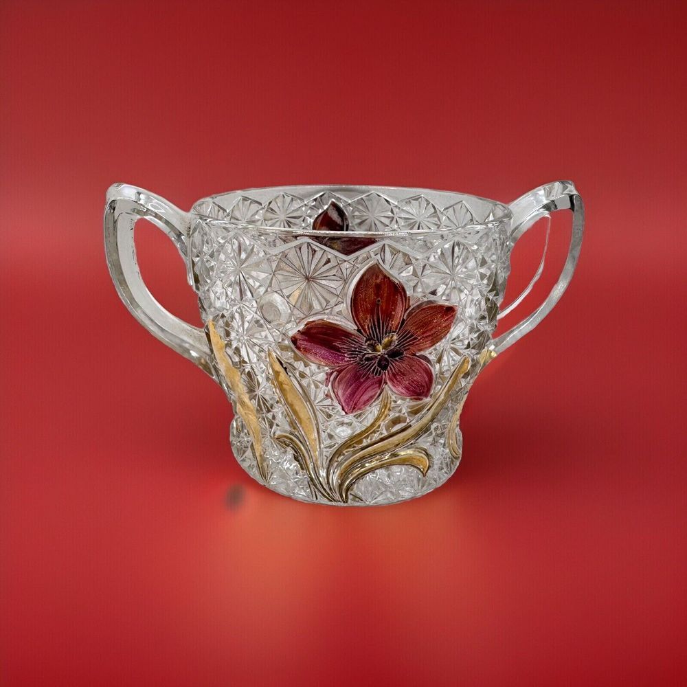 Antique Indiana Glass Flower Medallion Pattern #158 Glass Sugar Bowl Early 1900‎